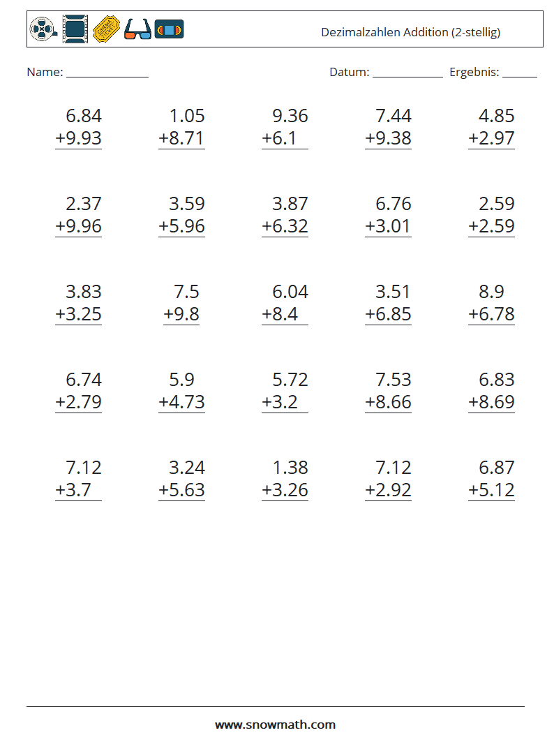 (25) Dezimalzahlen Addition (2-stellig) Mathe-Arbeitsblätter 14