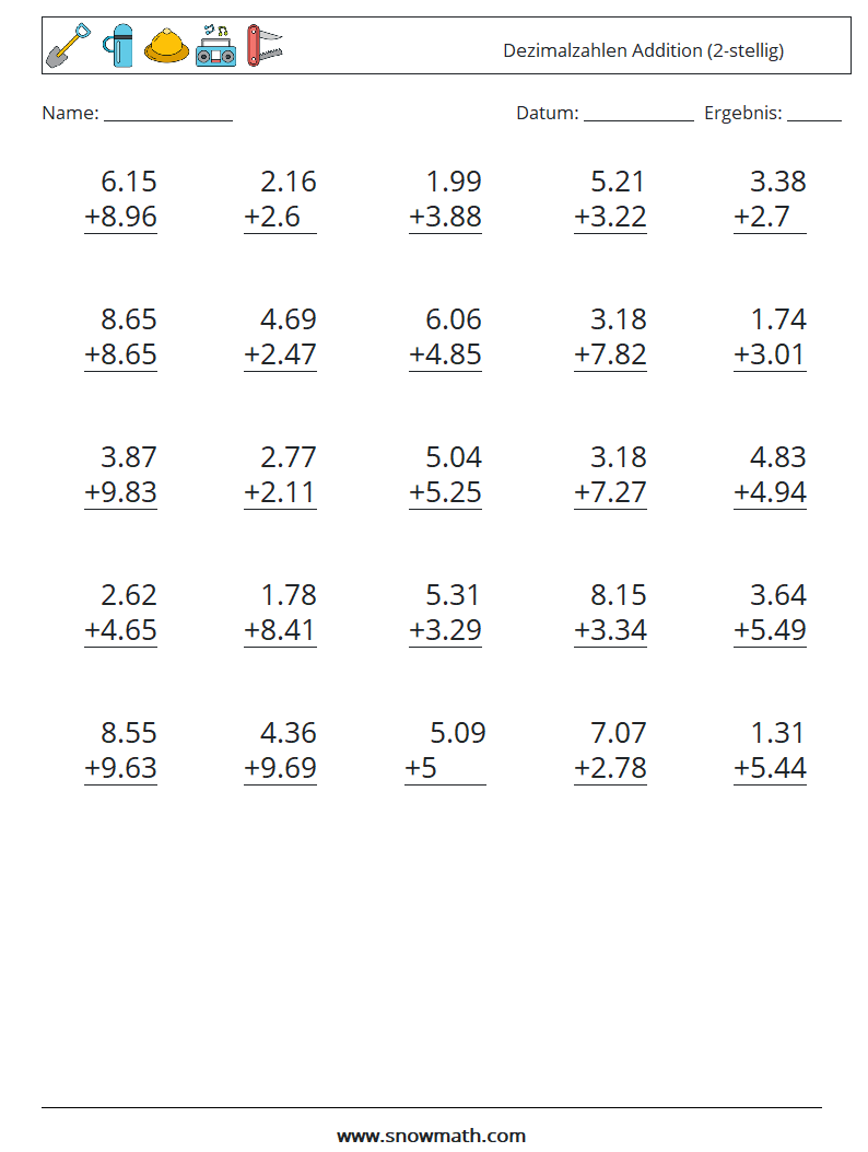 (25) Dezimalzahlen Addition (2-stellig) Mathe-Arbeitsblätter 15