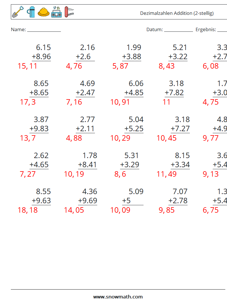 (25) Dezimalzahlen Addition (2-stellig) Mathe-Arbeitsblätter 15 Frage, Antwort