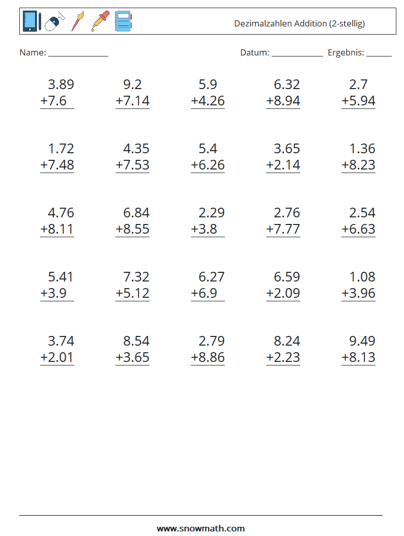 (25) Dezimalzahlen Addition (2-stellig) Mathe-Arbeitsblätter 16