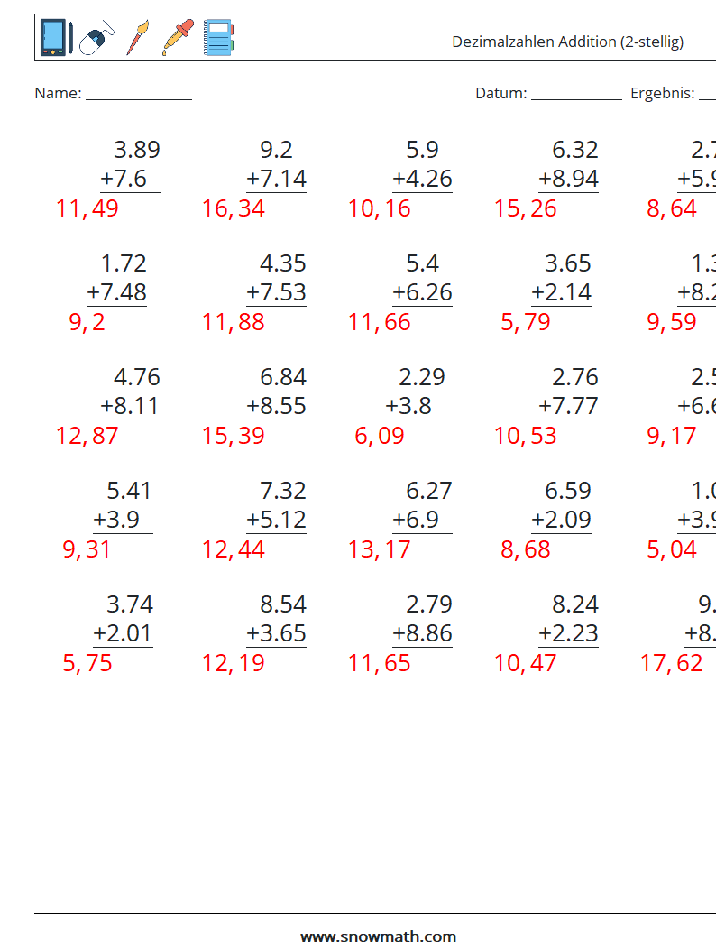 (25) Dezimalzahlen Addition (2-stellig) Mathe-Arbeitsblätter 16 Frage, Antwort