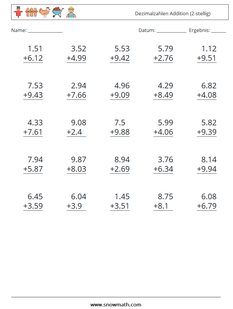 (25) Dezimalzahlen Addition (2-stellig) Mathe-Arbeitsblätter 17