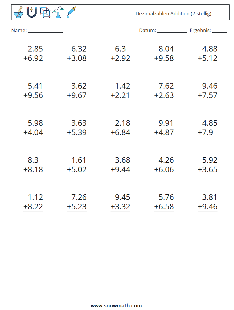 (25) Dezimalzahlen Addition (2-stellig) Mathe-Arbeitsblätter 18