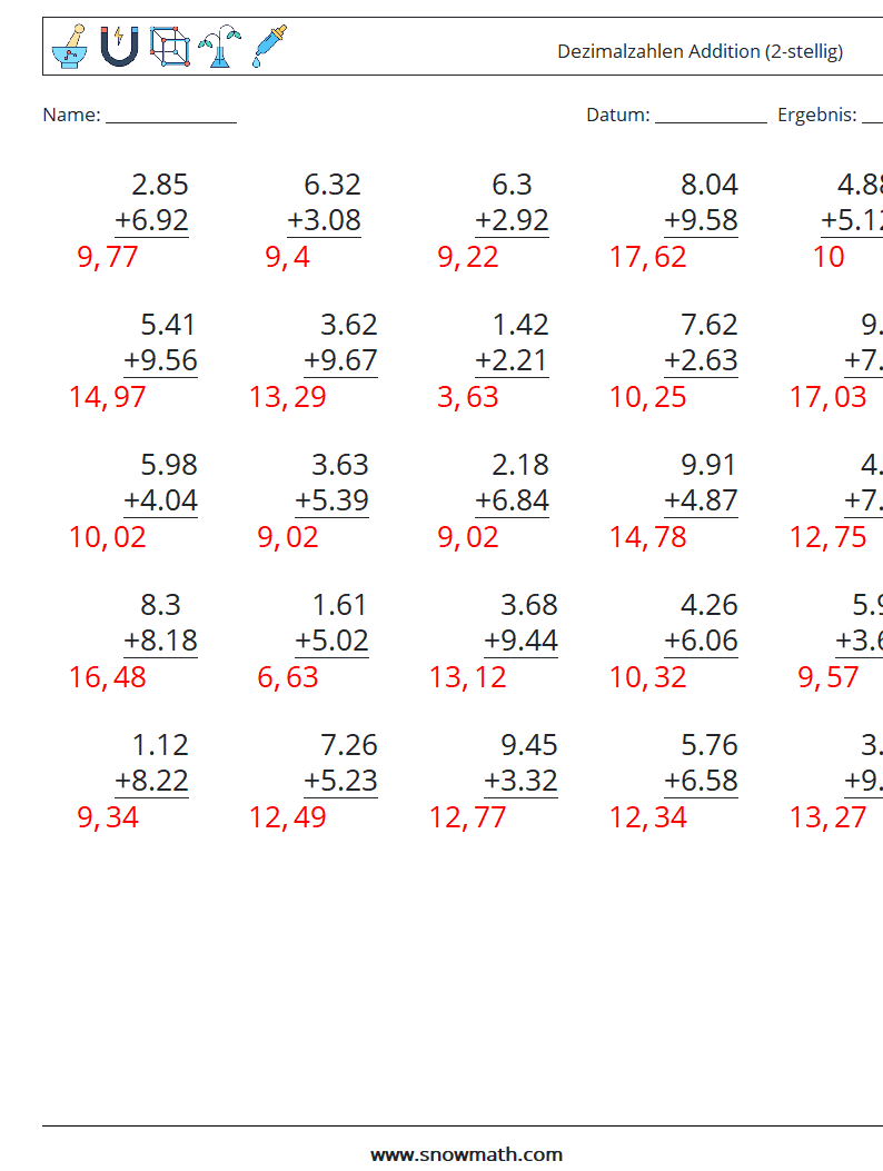 (25) Dezimalzahlen Addition (2-stellig) Mathe-Arbeitsblätter 18 Frage, Antwort