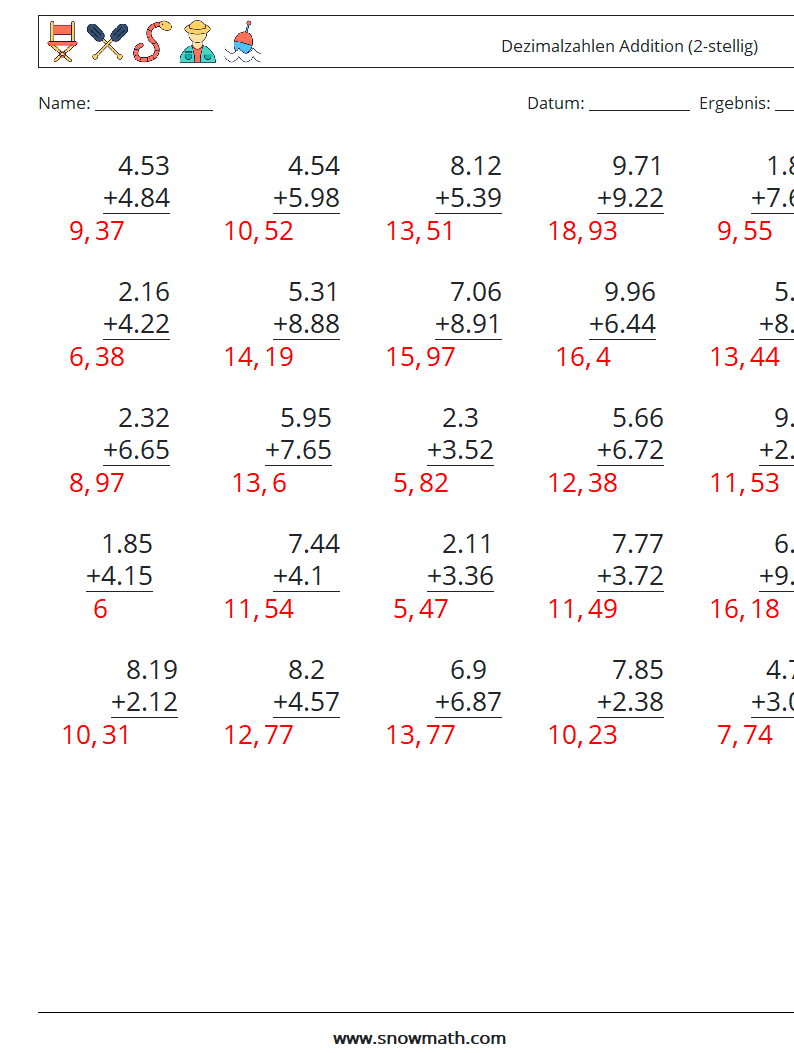 (25) Dezimalzahlen Addition (2-stellig) Mathe-Arbeitsblätter 1 Frage, Antwort