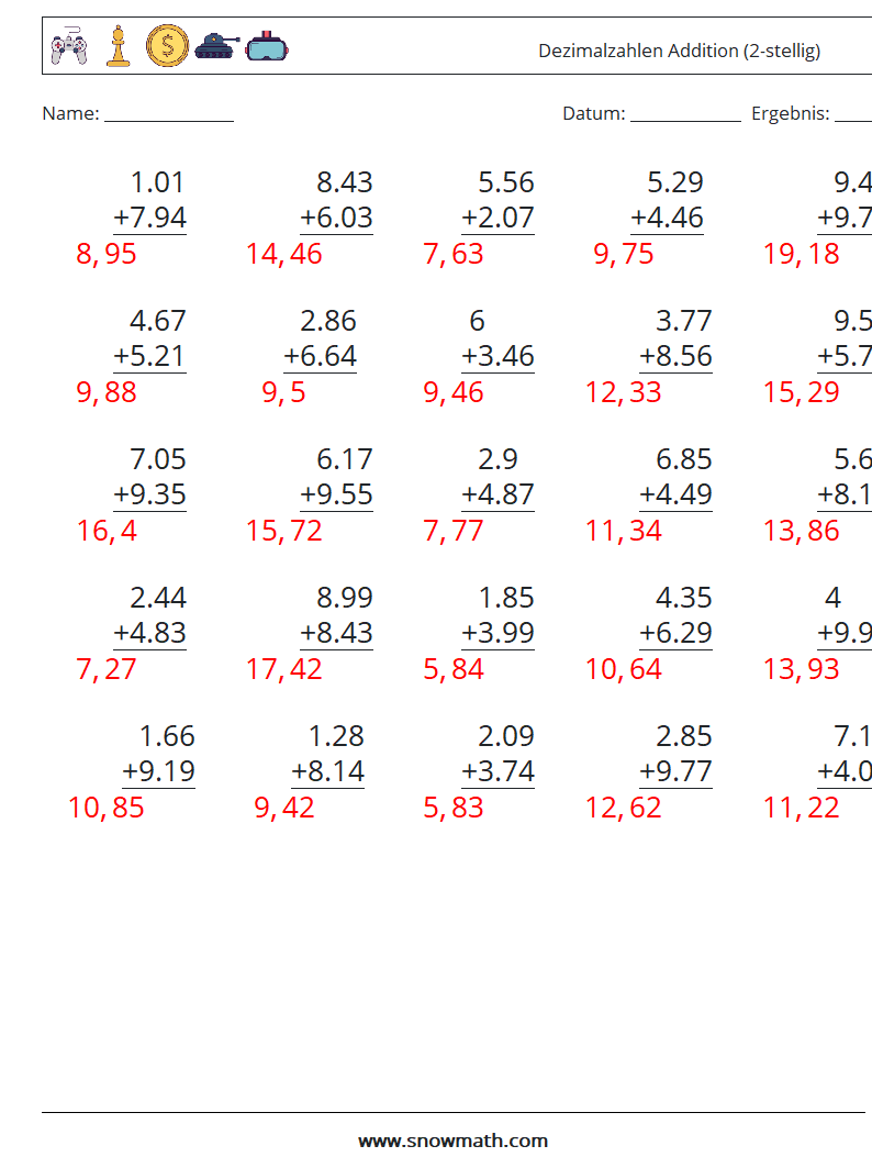 (25) Dezimalzahlen Addition (2-stellig) Mathe-Arbeitsblätter 2 Frage, Antwort