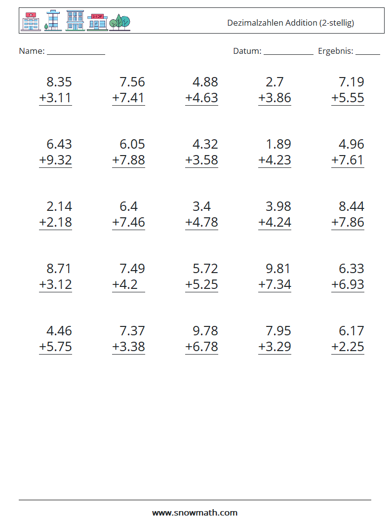 (25) Dezimalzahlen Addition (2-stellig) Mathe-Arbeitsblätter 5