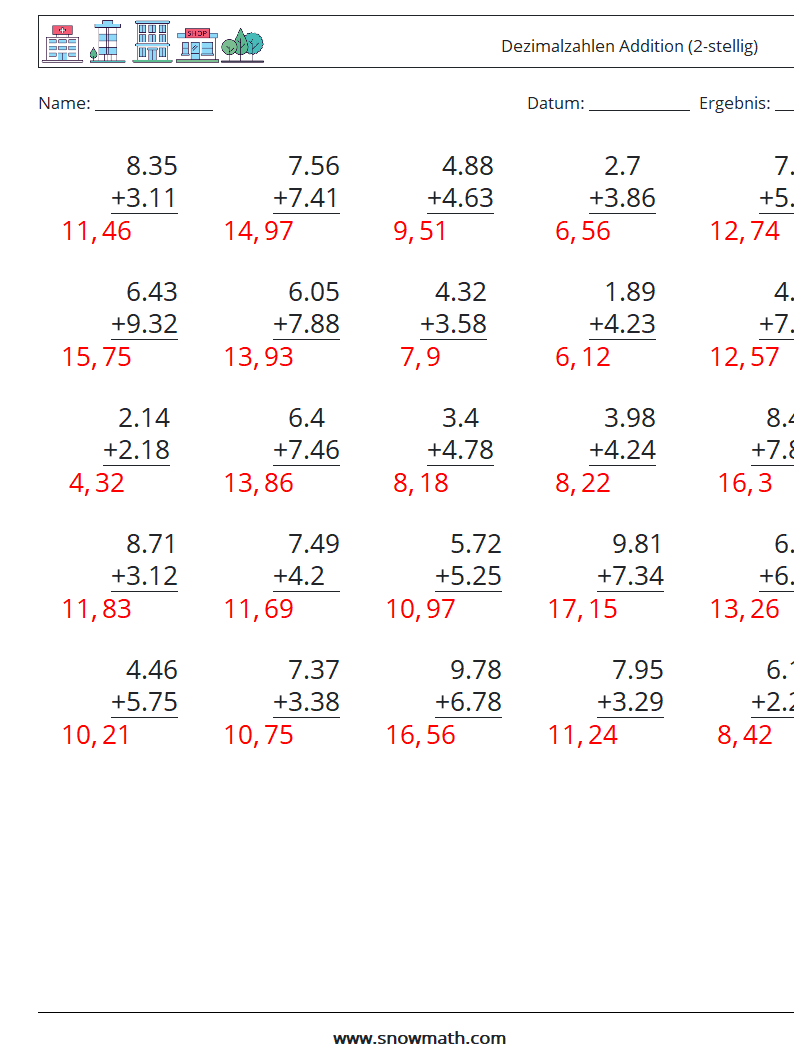 (25) Dezimalzahlen Addition (2-stellig) Mathe-Arbeitsblätter 5 Frage, Antwort