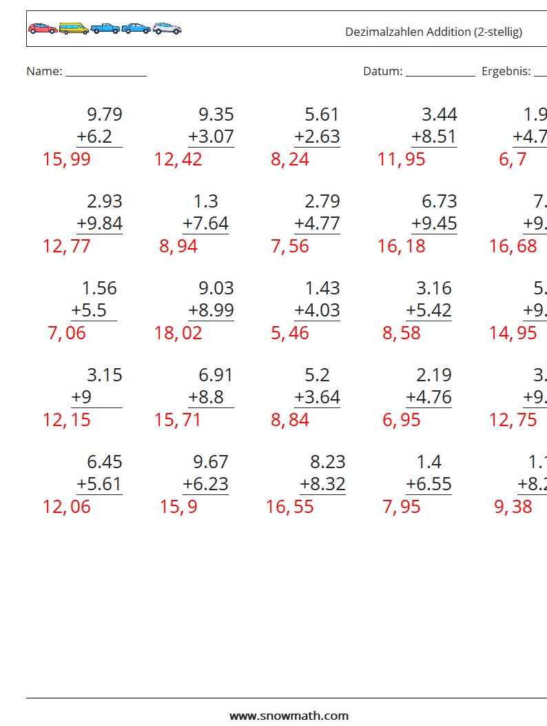 (25) Dezimalzahlen Addition (2-stellig) Mathe-Arbeitsblätter 6 Frage, Antwort