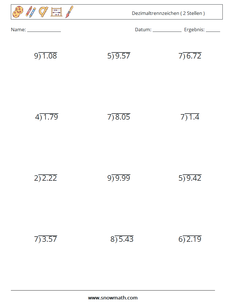 (12) Dezimaltrennzeichen ( 2 Stellen ) Mathe-Arbeitsblätter 2