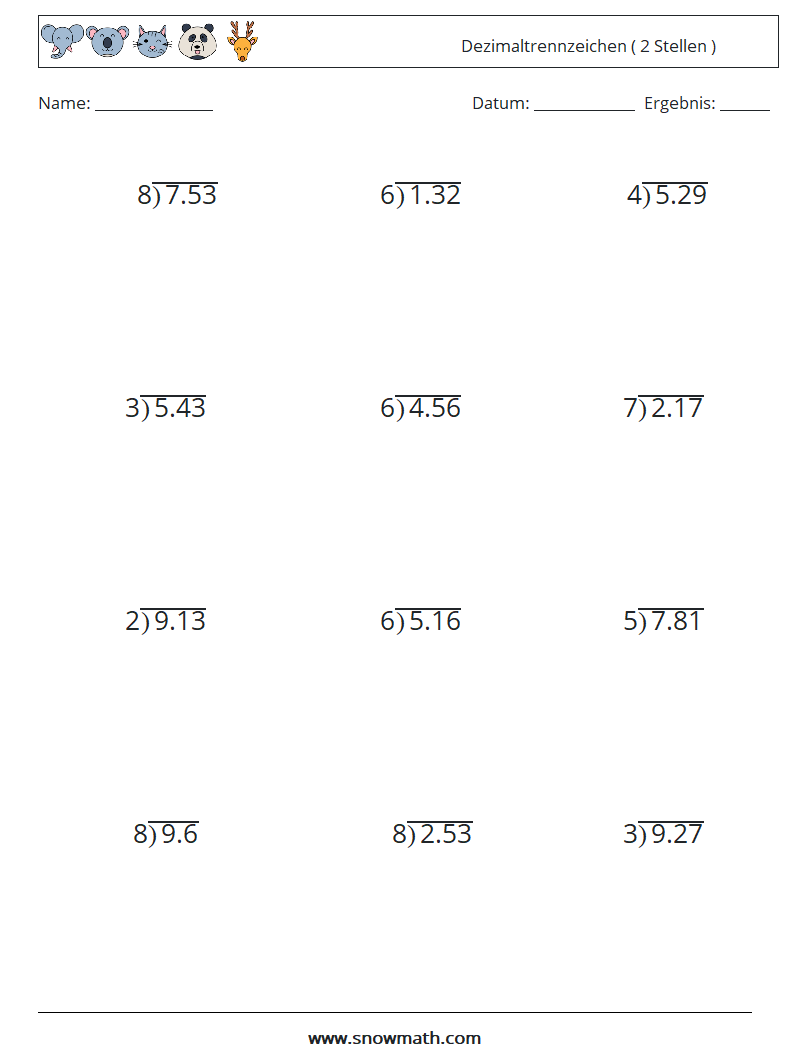 (12) Dezimaltrennzeichen ( 2 Stellen ) Mathe-Arbeitsblätter 4