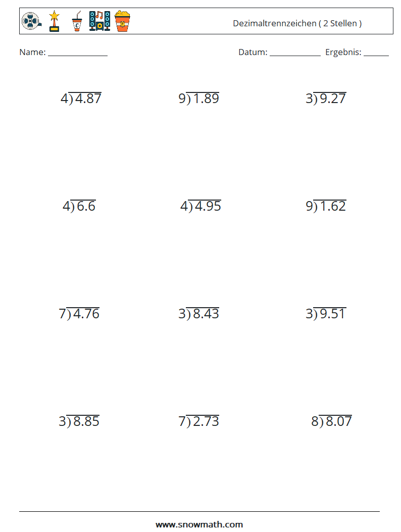 (12) Dezimaltrennzeichen ( 2 Stellen ) Mathe-Arbeitsblätter 5