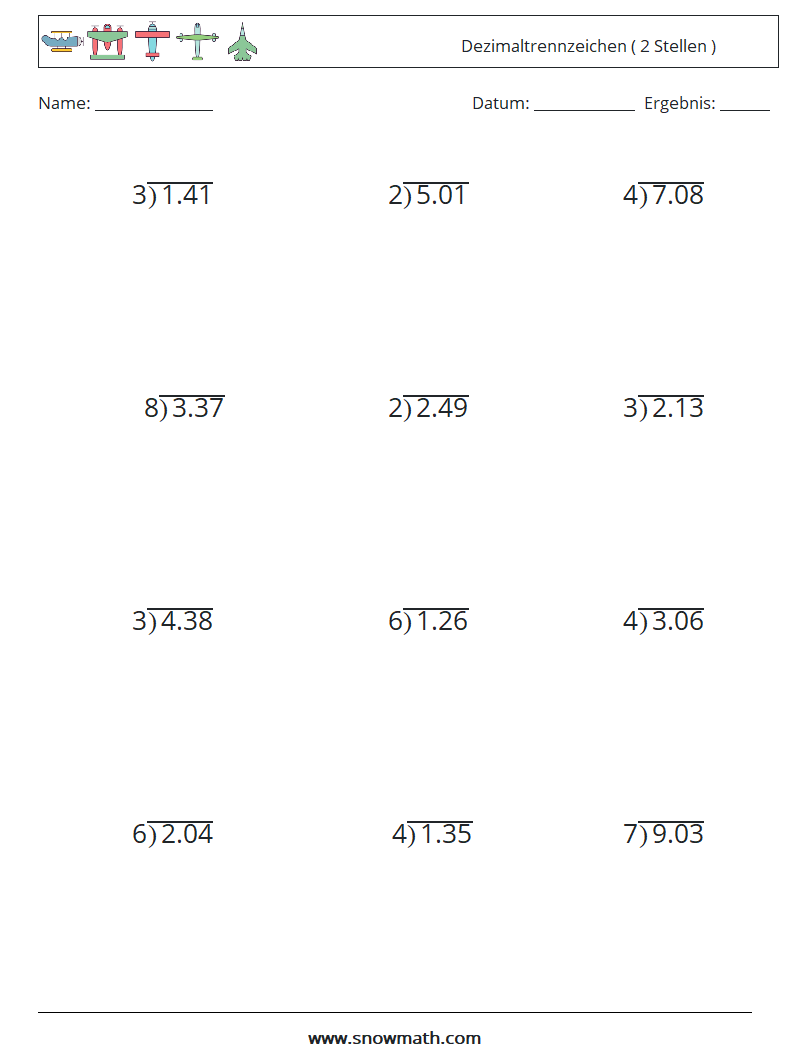 (12) Dezimaltrennzeichen ( 2 Stellen ) Mathe-Arbeitsblätter 7