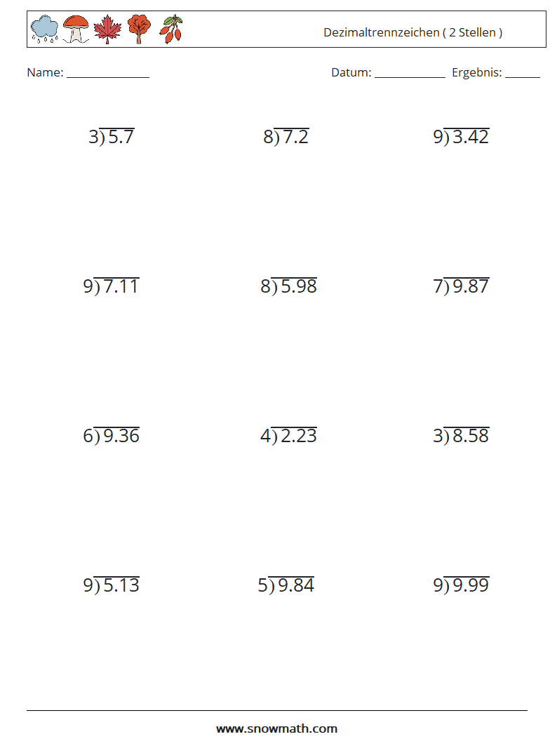 (12) Dezimaltrennzeichen ( 2 Stellen ) Mathe-Arbeitsblätter 8