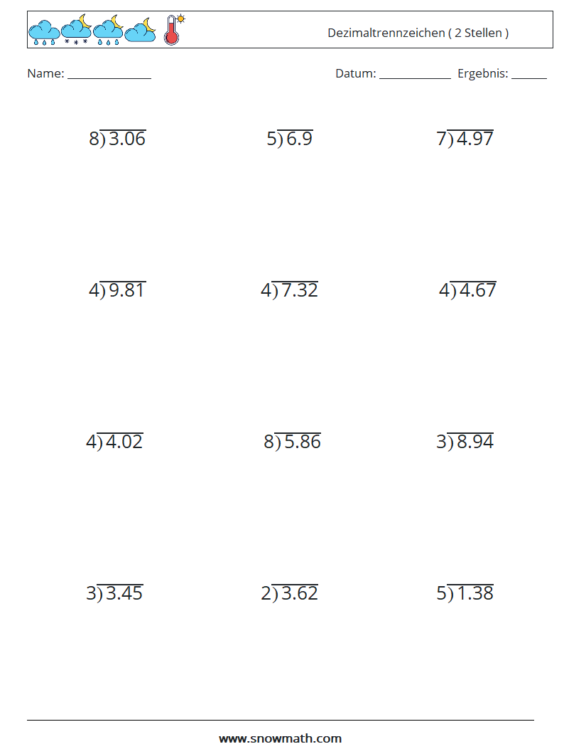 (12) Dezimaltrennzeichen ( 2 Stellen ) Mathe-Arbeitsblätter 9