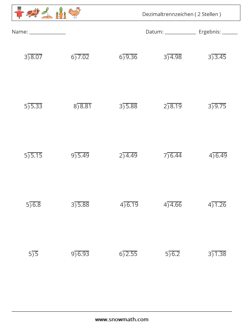 (25) Dezimaltrennzeichen ( 2 Stellen ) Mathe-Arbeitsblätter 10