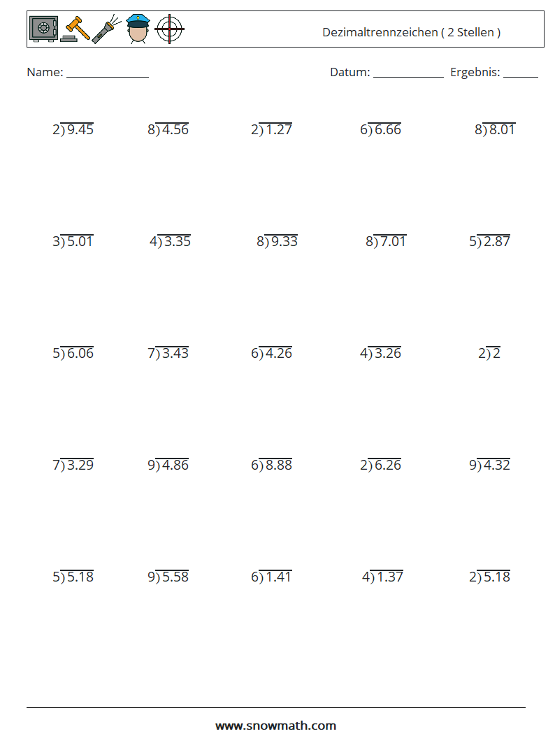 (25) Dezimaltrennzeichen ( 2 Stellen ) Mathe-Arbeitsblätter 11