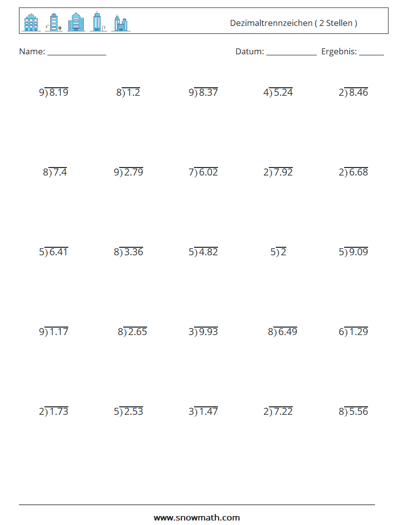(25) Dezimaltrennzeichen ( 2 Stellen ) Mathe-Arbeitsblätter 14