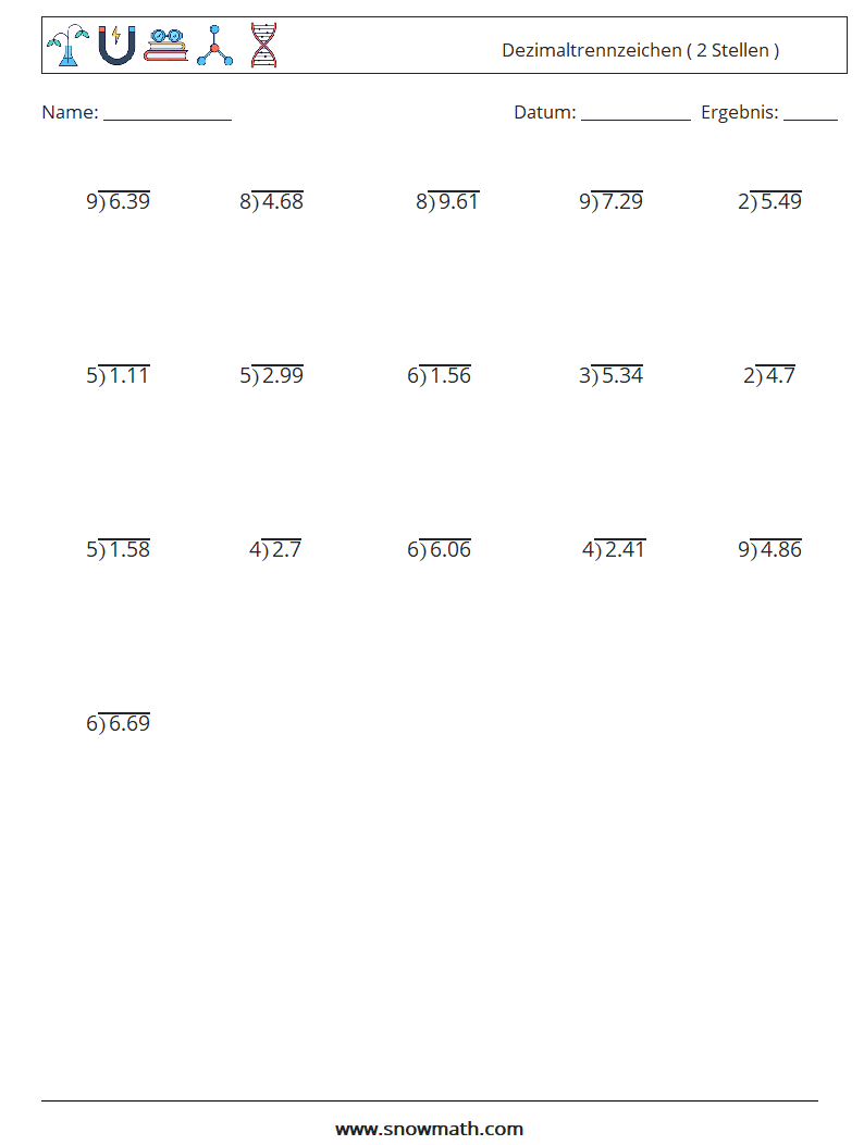(25) Dezimaltrennzeichen ( 2 Stellen ) Mathe-Arbeitsblätter 17