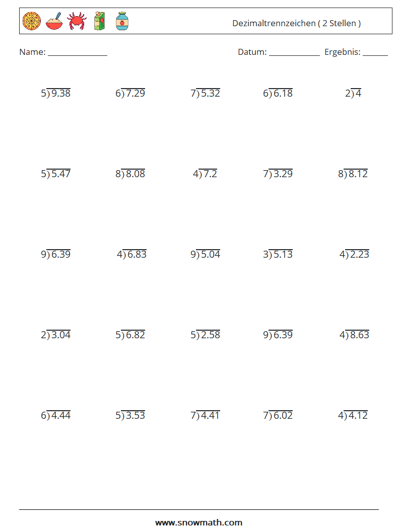 (25) Dezimaltrennzeichen ( 2 Stellen ) Mathe-Arbeitsblätter 18