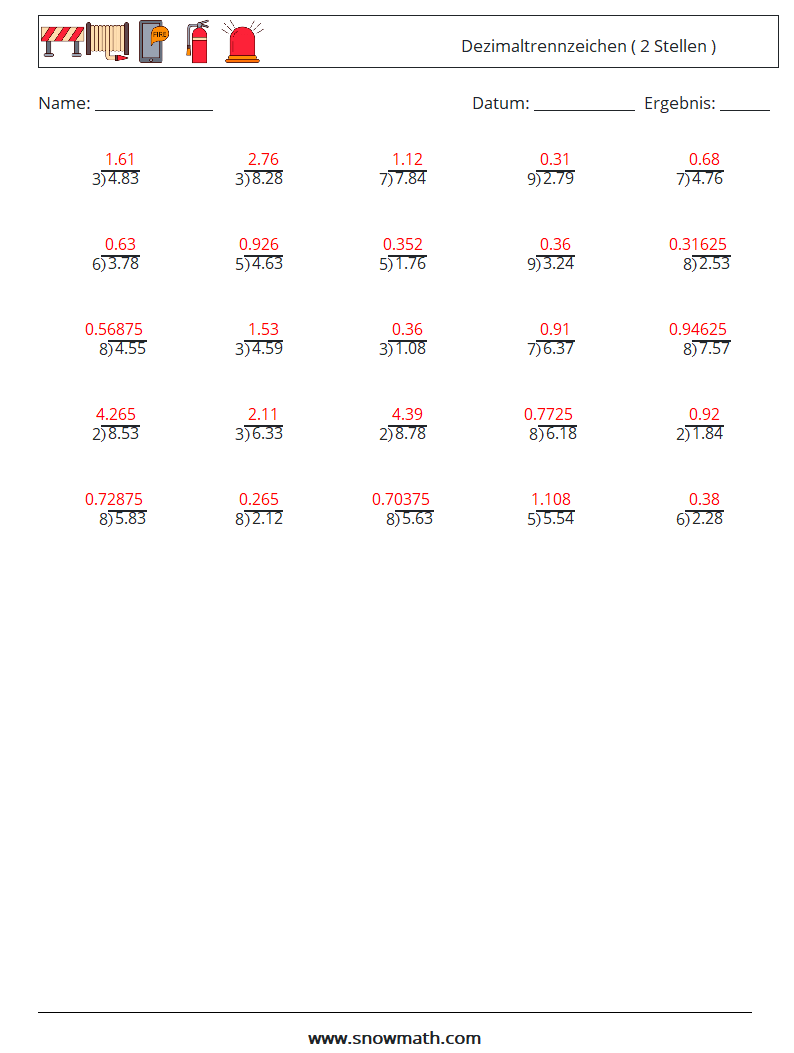 (25) Dezimaltrennzeichen ( 2 Stellen ) Mathe-Arbeitsblätter 1 Frage, Antwort
