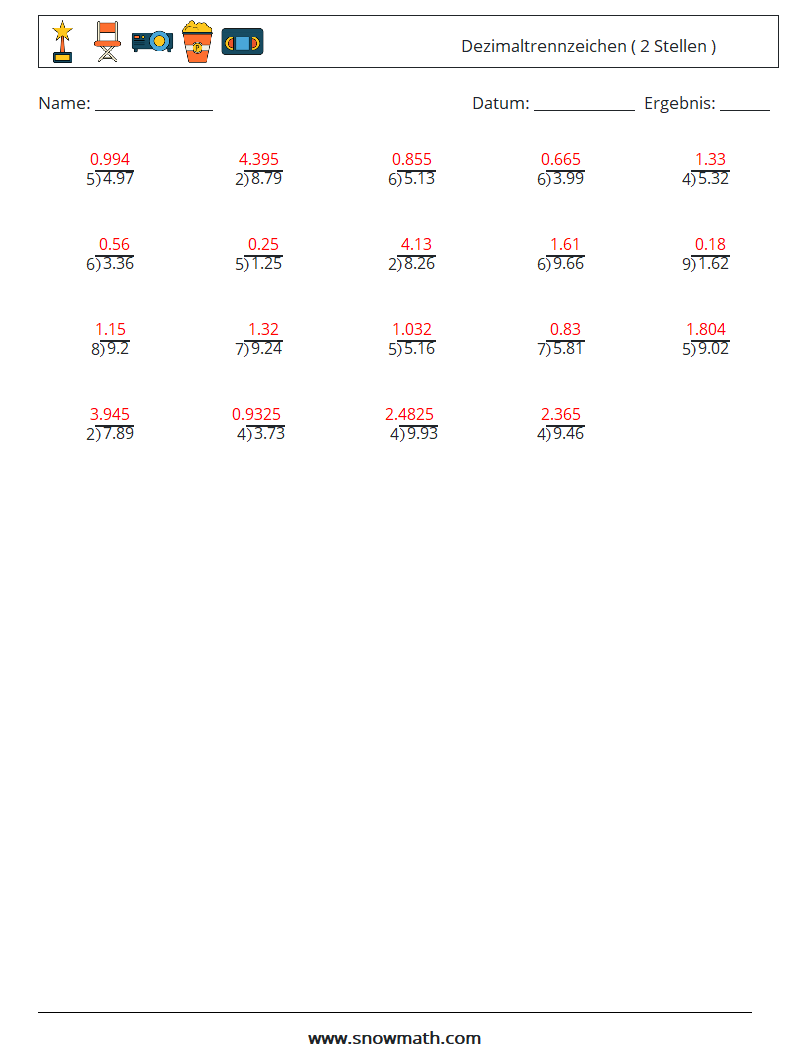 (25) Dezimaltrennzeichen ( 2 Stellen ) Mathe-Arbeitsblätter 2 Frage, Antwort
