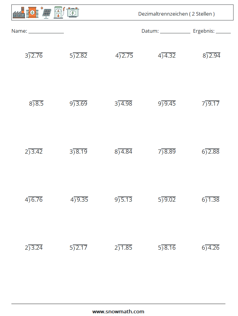 (25) Dezimaltrennzeichen ( 2 Stellen ) Mathe-Arbeitsblätter 4