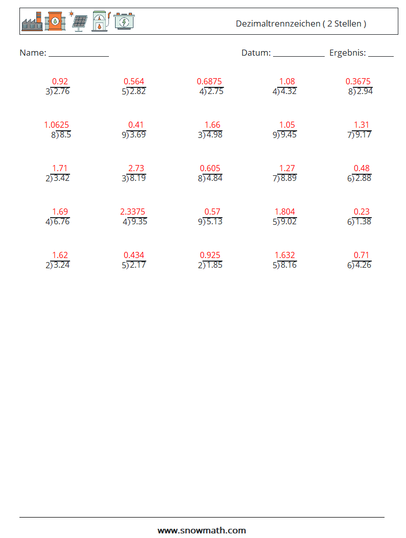 (25) Dezimaltrennzeichen ( 2 Stellen ) Mathe-Arbeitsblätter 4 Frage, Antwort