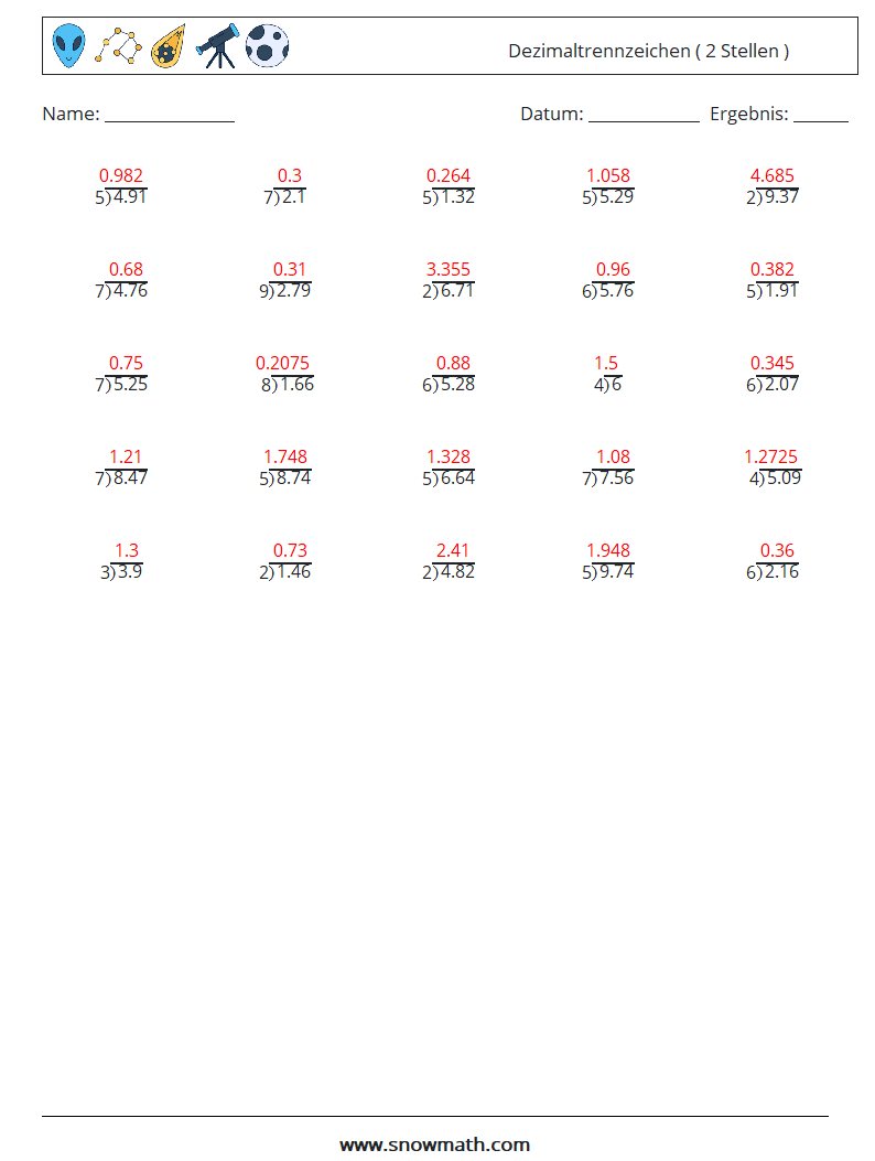 (25) Dezimaltrennzeichen ( 2 Stellen ) Mathe-Arbeitsblätter 5 Frage, Antwort