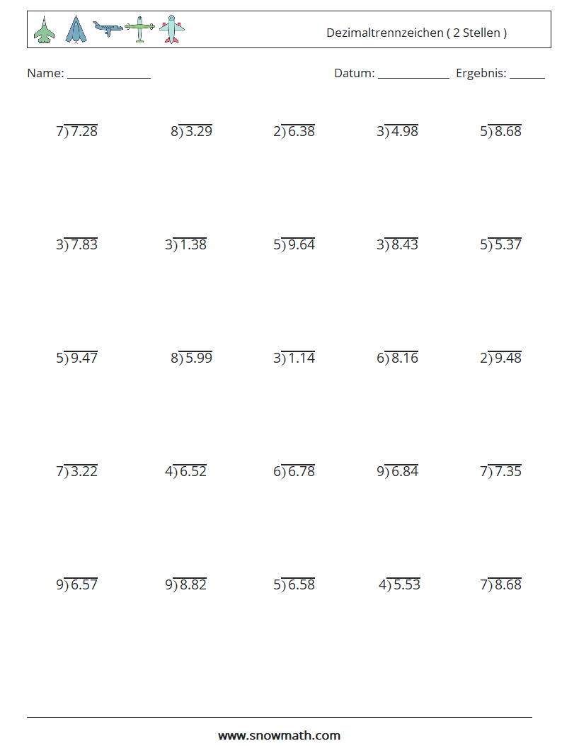(25) Dezimaltrennzeichen ( 2 Stellen ) Mathe-Arbeitsblätter 6