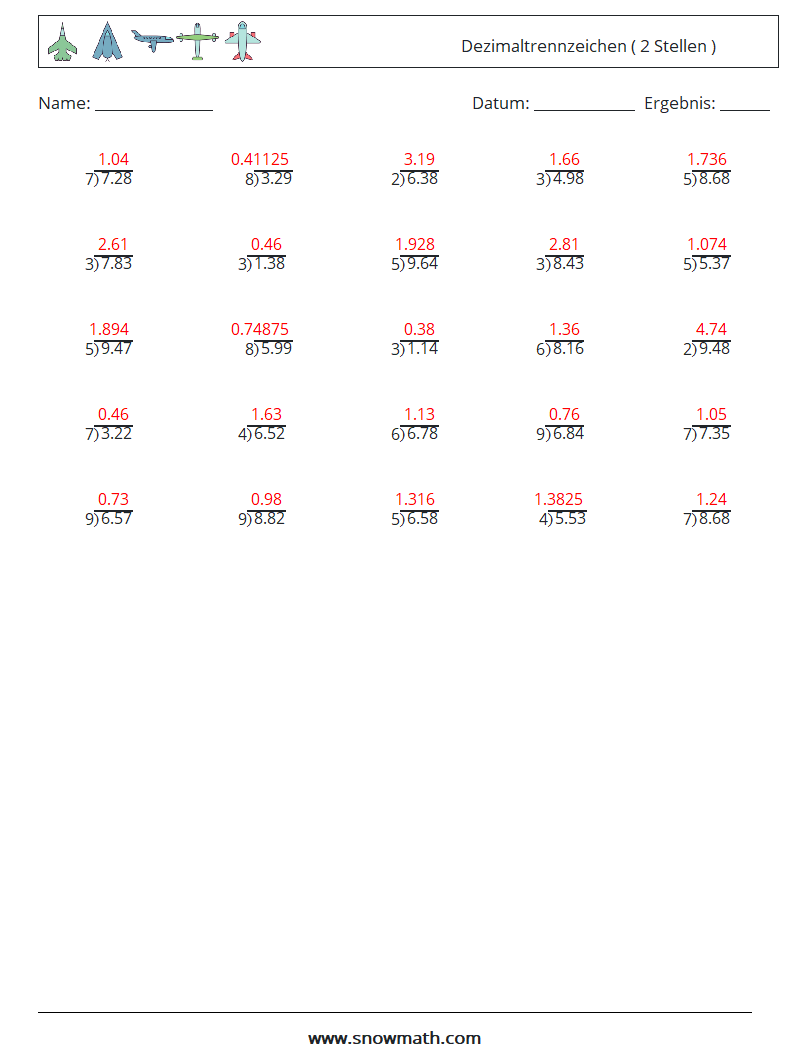 (25) Dezimaltrennzeichen ( 2 Stellen ) Mathe-Arbeitsblätter 6 Frage, Antwort