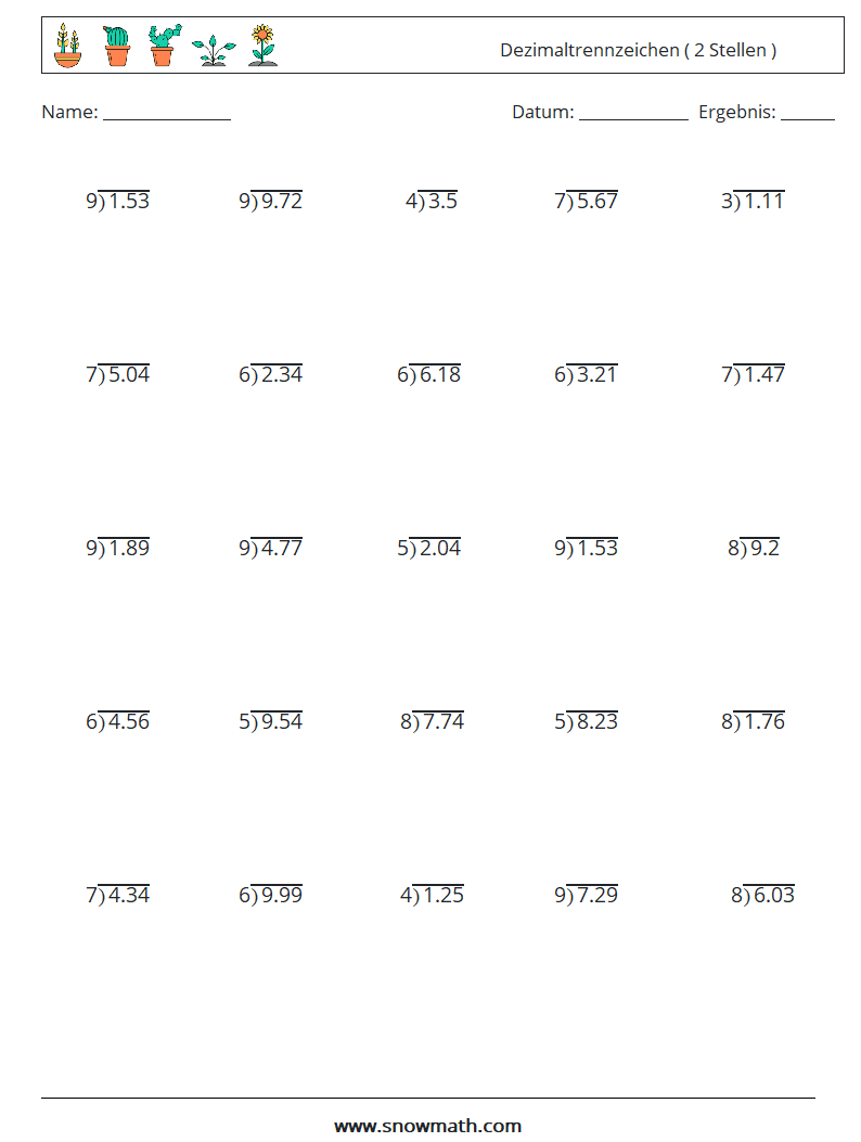(25) Dezimaltrennzeichen ( 2 Stellen ) Mathe-Arbeitsblätter 8