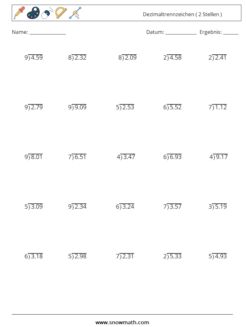(25) Dezimaltrennzeichen ( 2 Stellen ) Mathe-Arbeitsblätter 9