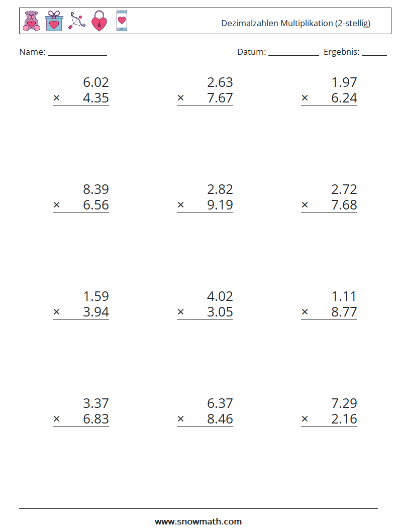 (12) Dezimalzahlen Multiplikation (2-stellig) Mathe-Arbeitsblätter 11