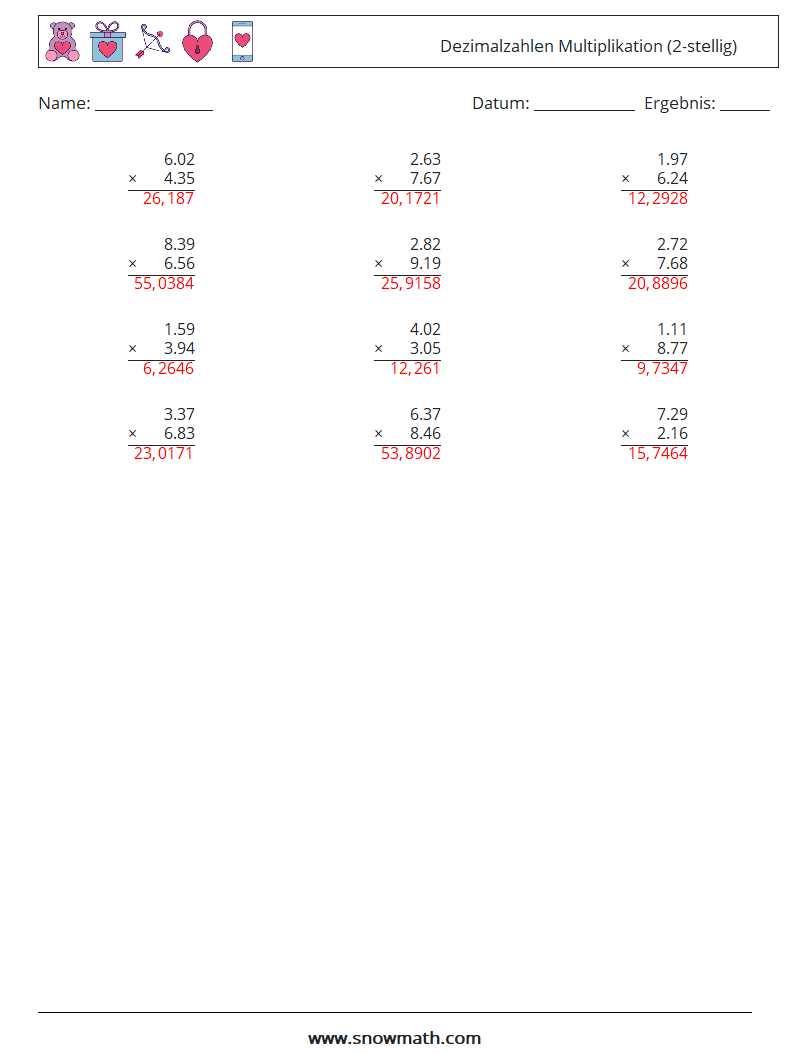 (12) Dezimalzahlen Multiplikation (2-stellig) Mathe-Arbeitsblätter 11 Frage, Antwort