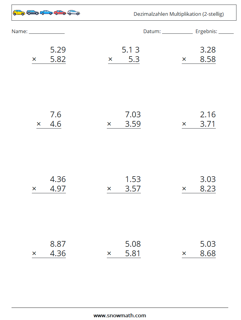 (12) Dezimalzahlen Multiplikation (2-stellig) Mathe-Arbeitsblätter 12