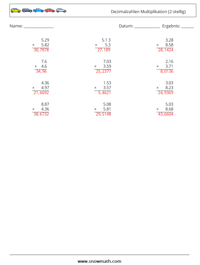(12) Dezimalzahlen Multiplikation (2-stellig) Mathe-Arbeitsblätter 12 Frage, Antwort
