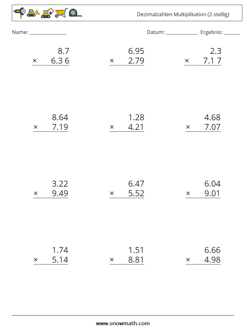 (12) Dezimalzahlen Multiplikation (2-stellig) Mathe-Arbeitsblätter 14