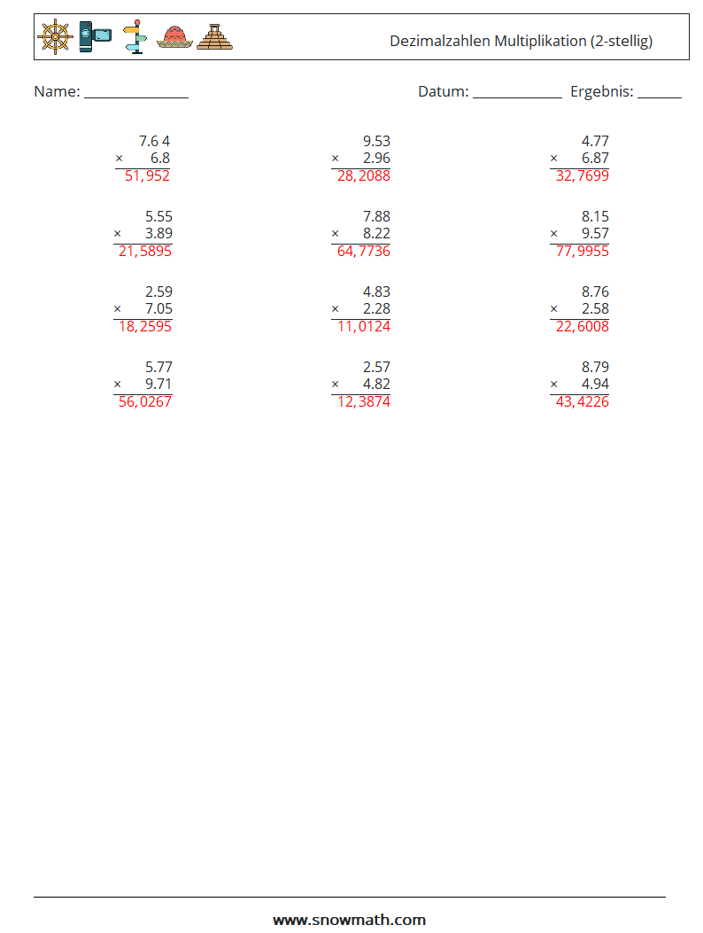 (12) Dezimalzahlen Multiplikation (2-stellig) Mathe-Arbeitsblätter 16 Frage, Antwort
