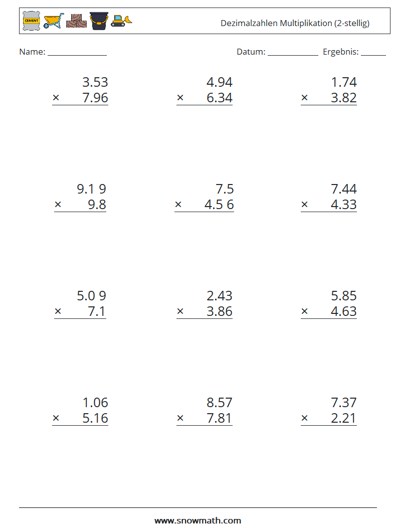 (12) Dezimalzahlen Multiplikation (2-stellig) Mathe-Arbeitsblätter 17