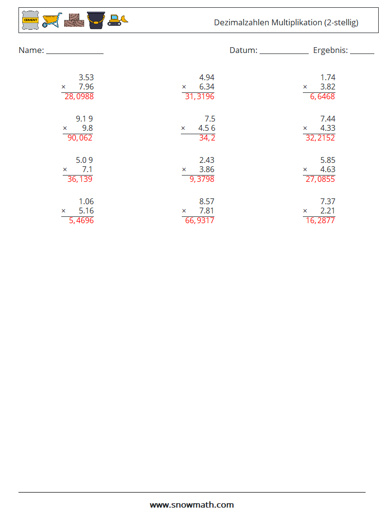 (12) Dezimalzahlen Multiplikation (2-stellig) Mathe-Arbeitsblätter 17 Frage, Antwort
