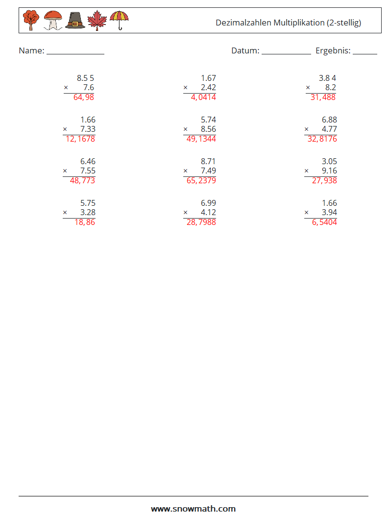 (12) Dezimalzahlen Multiplikation (2-stellig) Mathe-Arbeitsblätter 1 Frage, Antwort