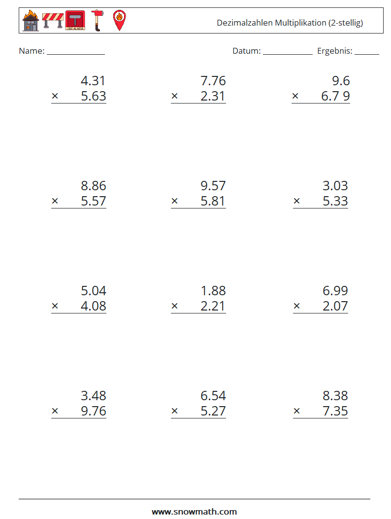 (12) Dezimalzahlen Multiplikation (2-stellig) Mathe-Arbeitsblätter 2