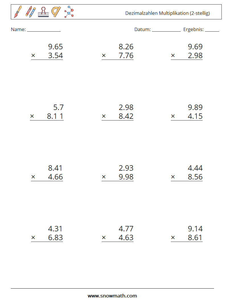 (12) Dezimalzahlen Multiplikation (2-stellig) Mathe-Arbeitsblätter 3