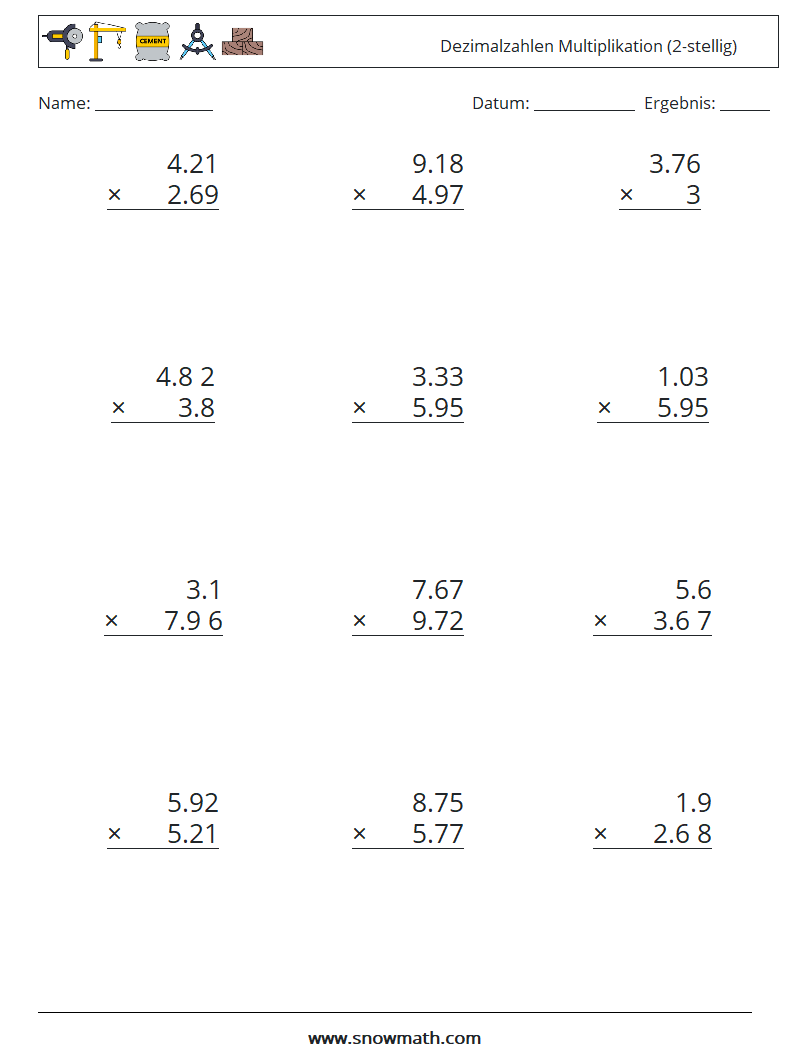 (12) Dezimalzahlen Multiplikation (2-stellig) Mathe-Arbeitsblätter 4