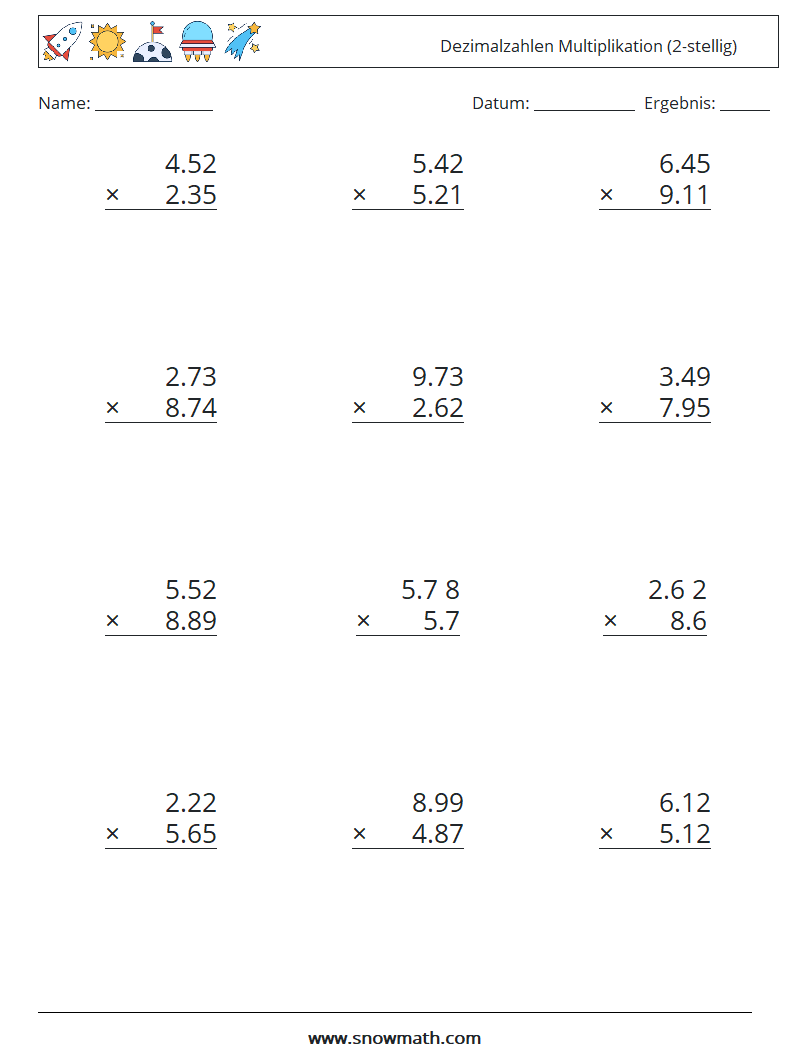 (12) Dezimalzahlen Multiplikation (2-stellig) Mathe-Arbeitsblätter 5