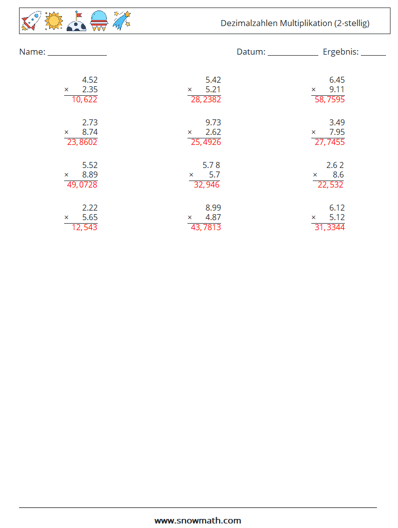 (12) Dezimalzahlen Multiplikation (2-stellig) Mathe-Arbeitsblätter 5 Frage, Antwort