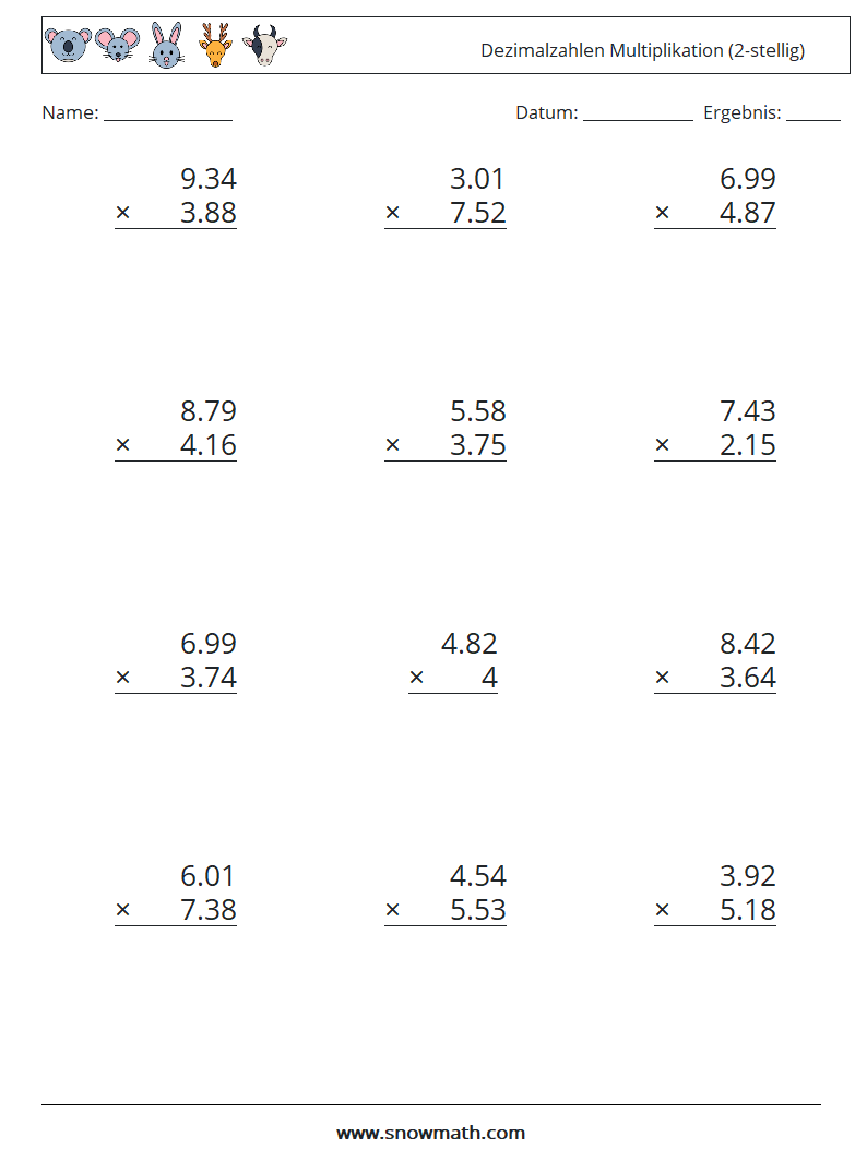 (12) Dezimalzahlen Multiplikation (2-stellig) Mathe-Arbeitsblätter 6