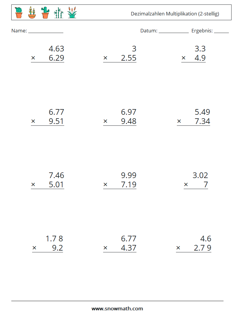 (12) Dezimalzahlen Multiplikation (2-stellig) Mathe-Arbeitsblätter 7