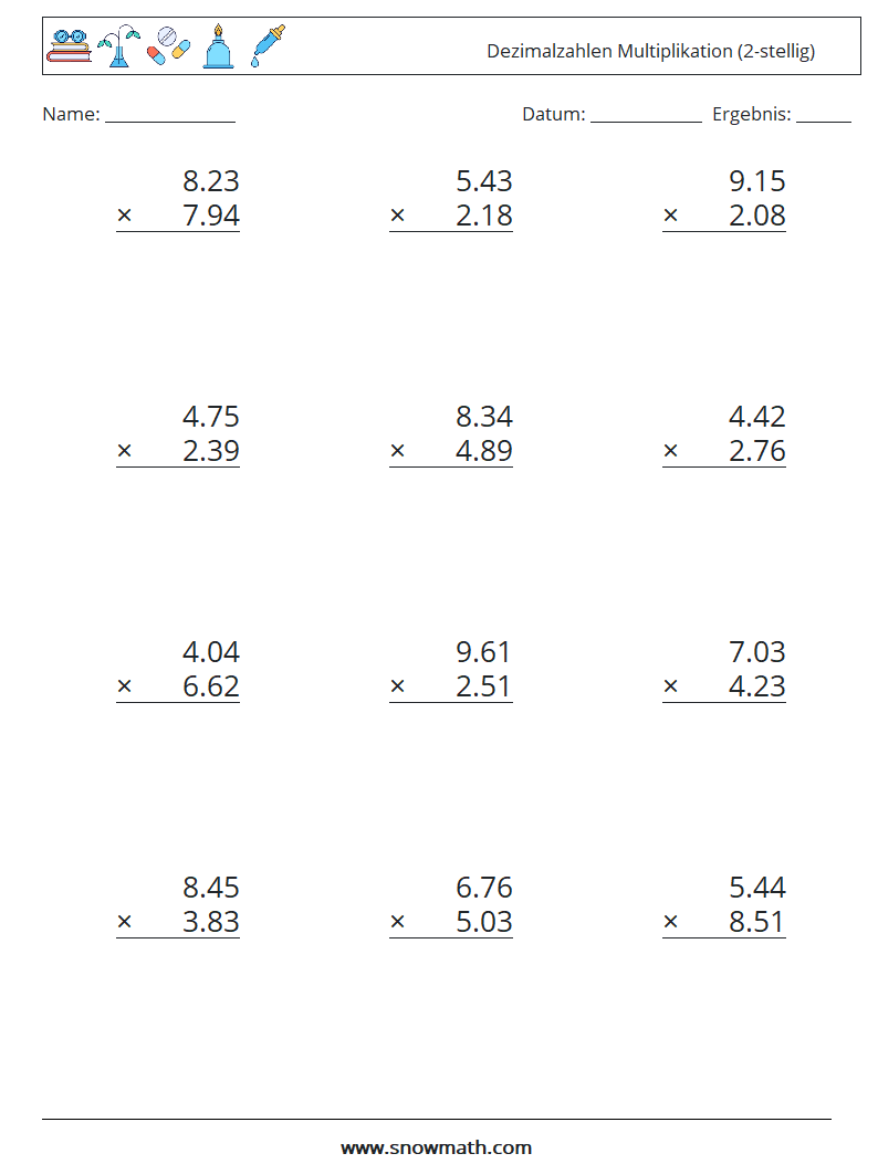 (12) Dezimalzahlen Multiplikation (2-stellig) Mathe-Arbeitsblätter 8